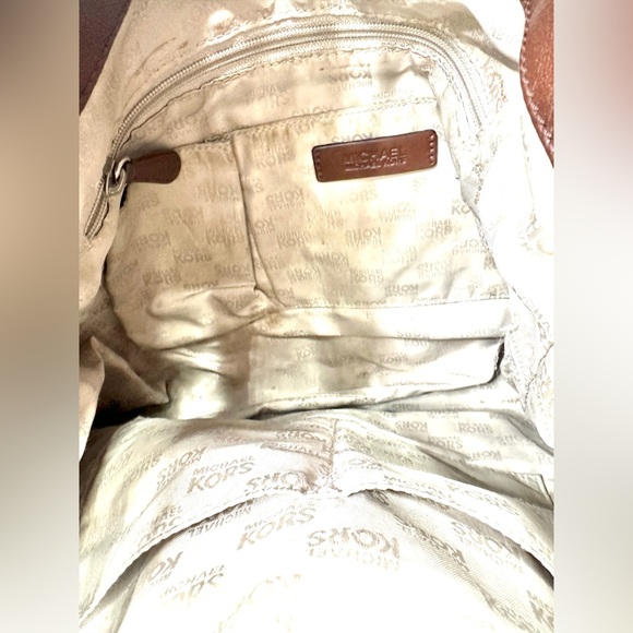 Michael Kors Brown Leather Large Shoulder Bag Chain Strap Studs Logo Grommets - Picture 10 of 12